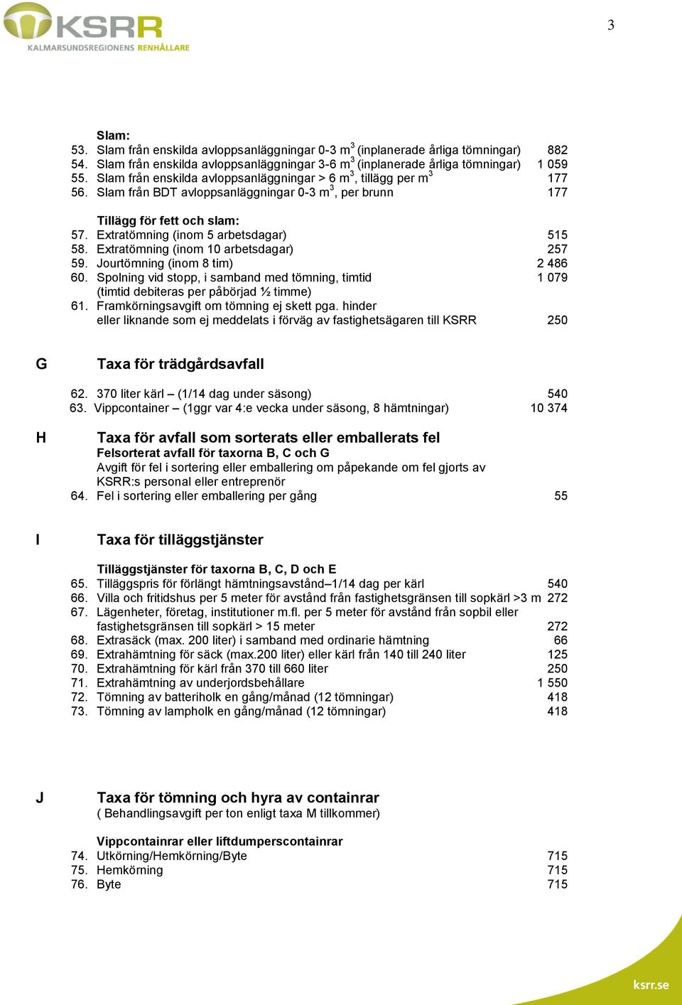 Extratömning (inom 5 arbetsdagar) 515 58. Extratömning (inom 10 arbetsdagar) 257 59. Jourtömning (inom 8 tim) 2 486 60.