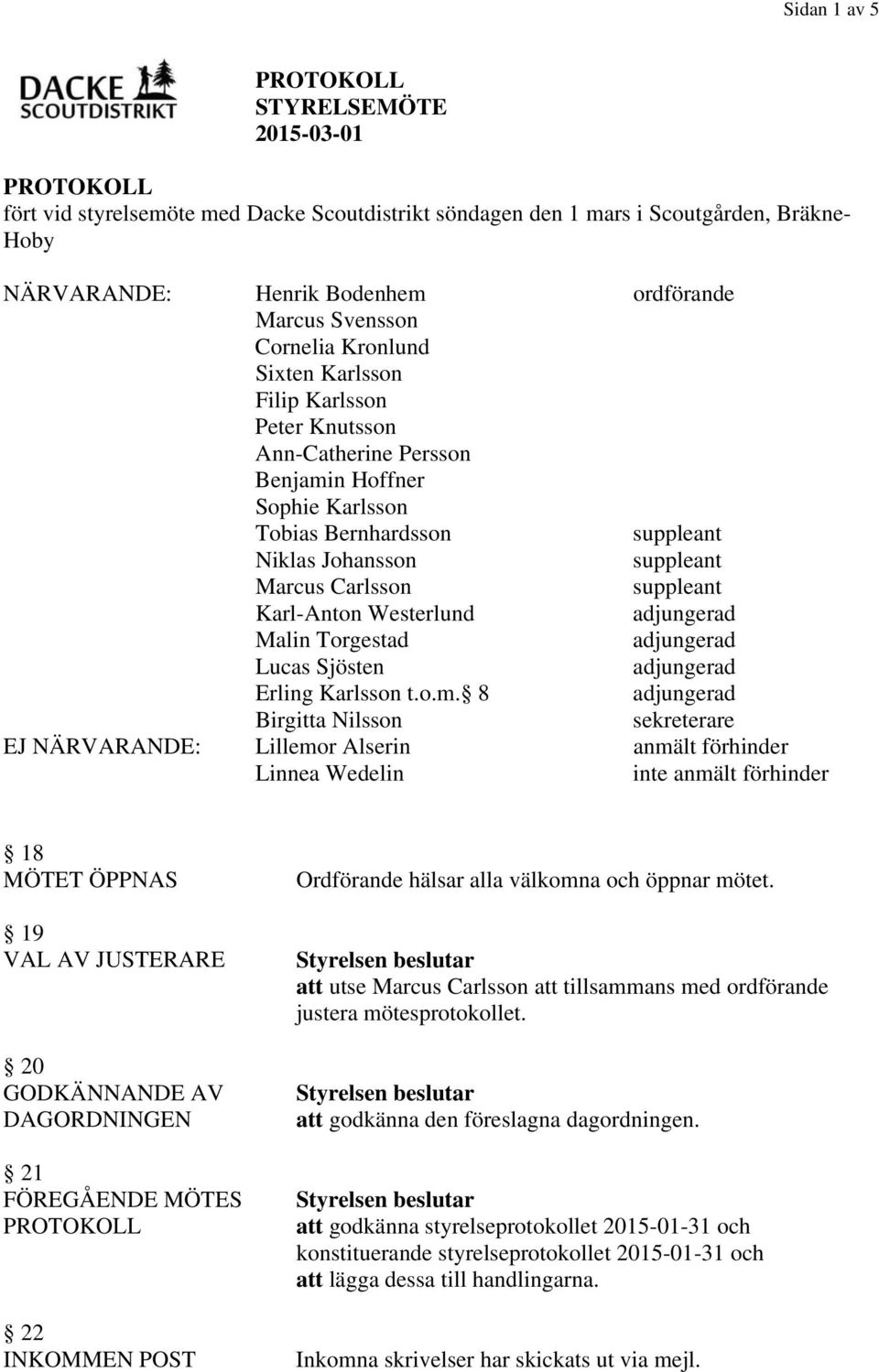 Carlsson suppleant Karl-Anton Westerlund Malin Torgestad Lucas Sjösten Erling Karlsson t.o.m.