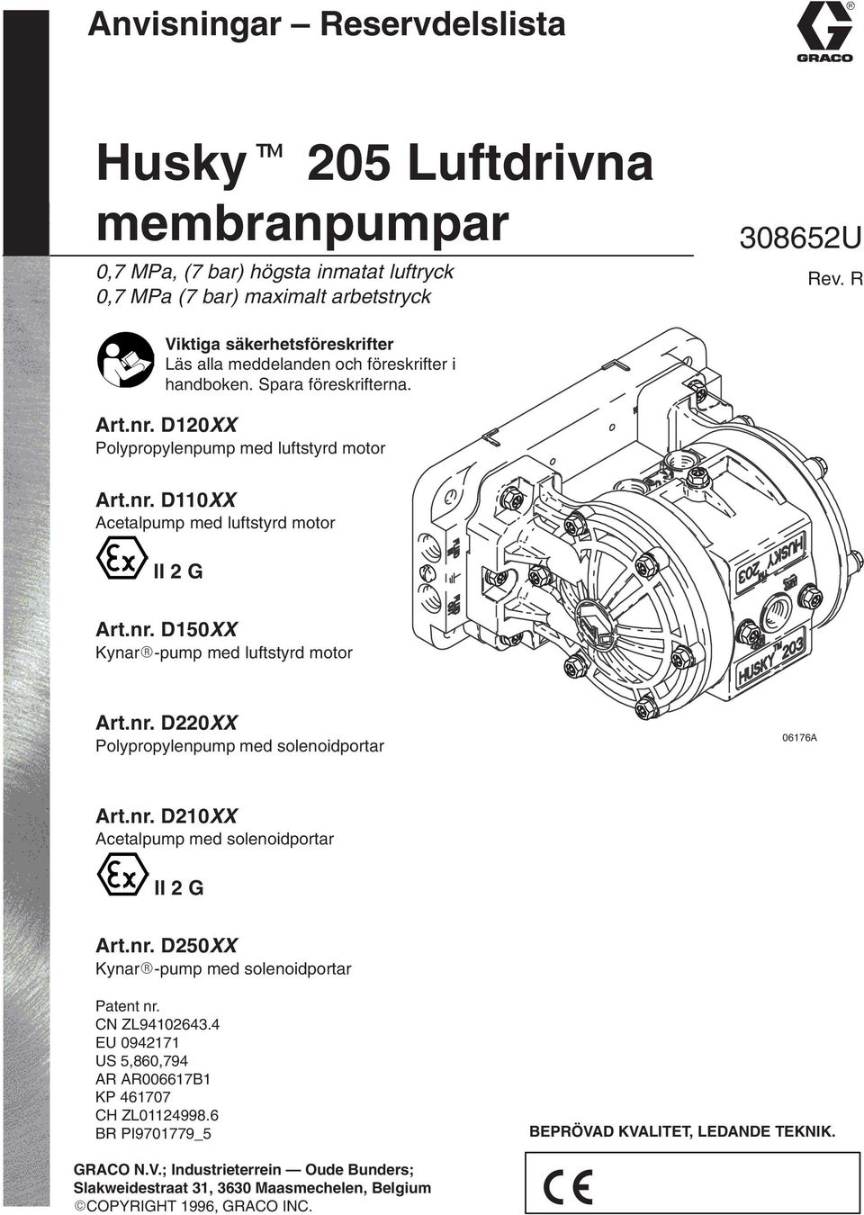 nr. D50XX Kynar-pump med luftstyrd motor Art.nr. D220XX Polypropylenpump med solenoidportar 0676A Art.nr. D20XX Acetalpump med solenoidportar II 2 G Art.nr. D250XX Kynar-pump med solenoidportar Patent nr.