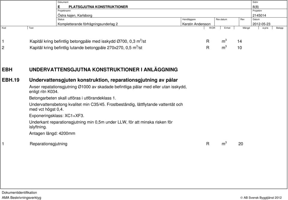 19 UNDERVATTENSGJUTNA KONSTRUKTIONER I ANLÄGGNING Undervattensgjuten konstruktion, reparationsgjutning av pålar Avser repatationsgjutning Ø1000 av skadade befintliga pålar med