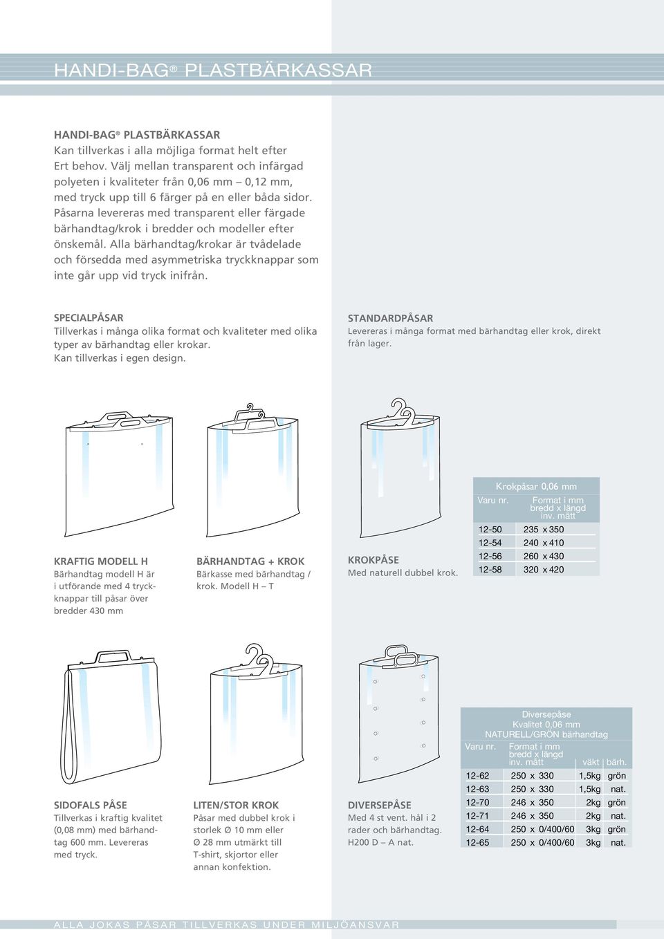 Påsarna levereras med transparent eller färgade bärhandtag/krok i bredder och modeller efter önskemål.