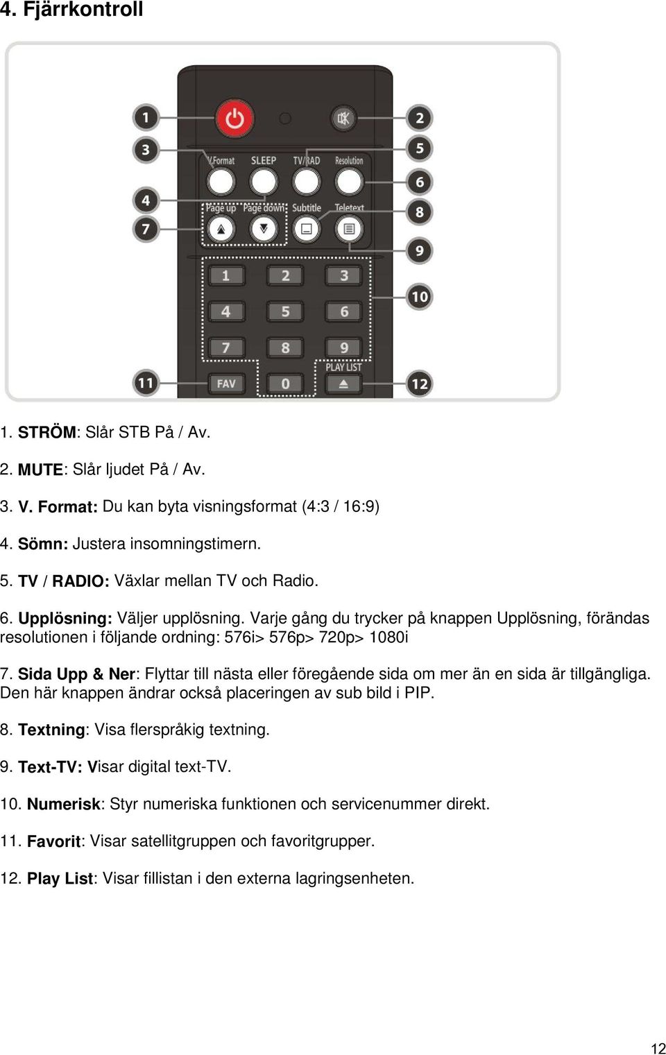 Sida Upp & Ner: Flyttar till nästa eller föregående sida om mer än en sida är tillgängliga. Den här knappen ändrar också placeringen av sub bild i PIP. 8. Textning: Visa flerspråkig textning.