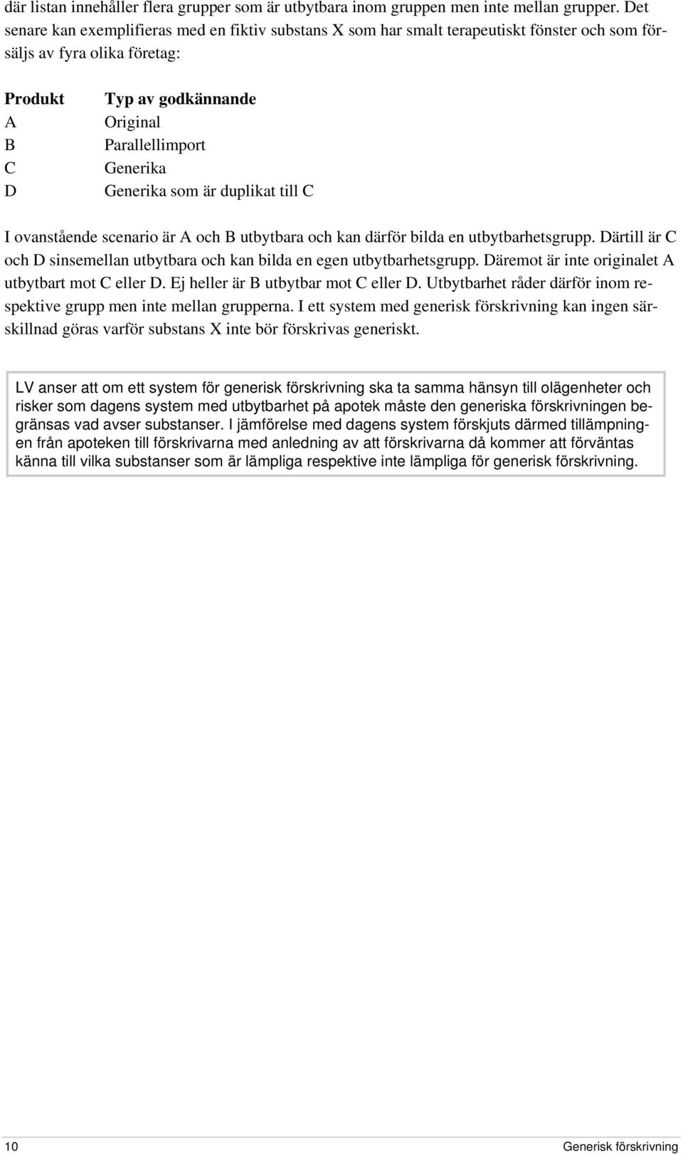 Generika som är duplikat till C I ovanstående scenario är A och B utbytbara och kan därför bilda en utbytbarhetsgrupp. Därtill är C och D sinsemellan utbytbara och kan bilda en egen utbytbarhetsgrupp.