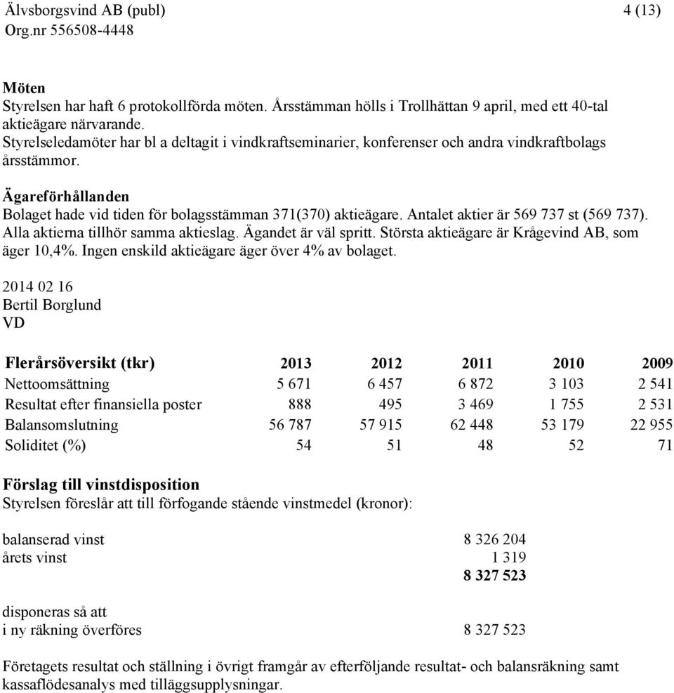 Antalet aktier är 569 737 st (569 737). Alla aktierna tillhör samma aktieslag. Ägandet är väl spritt. Största aktieägare är Krågevind AB, som äger 10,4%.