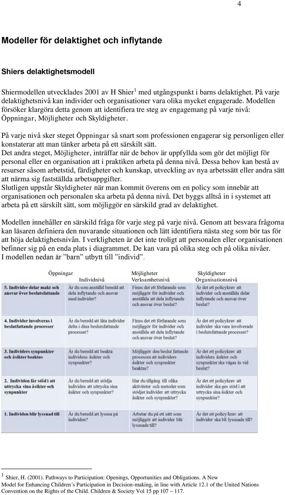 Modellen försöker klargöra detta genom att identifiera tre steg av engagemang på varje nivå: Öppningar, Möjligheter och Skyldigheter.