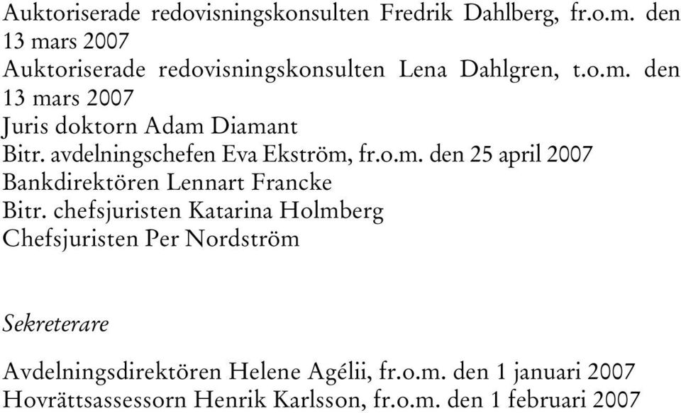 avdelningschefen Eva Ekström, fr.o.m. den 25 april 2007 Bankdirektören Lennart Francke Bitr.