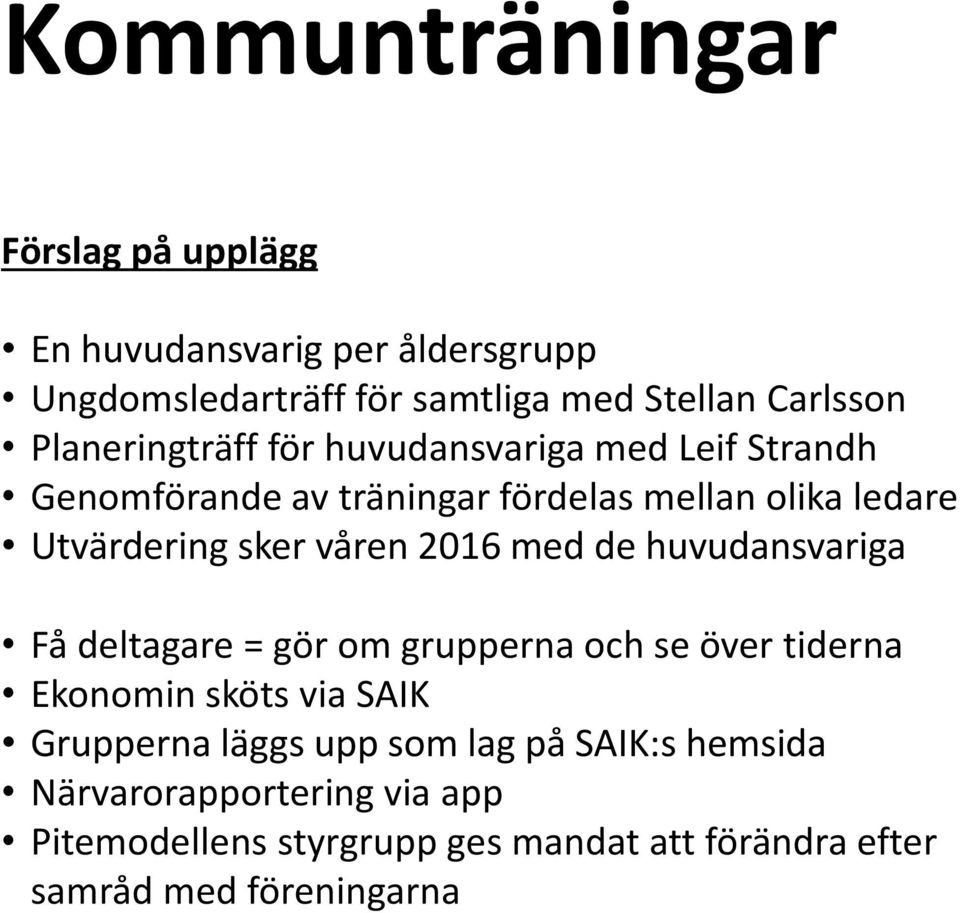 våren 2016 med de huvudansvariga Få deltagare = gör om grupperna och se över tiderna Ekonomin sköts via SAIK Grupperna läggs