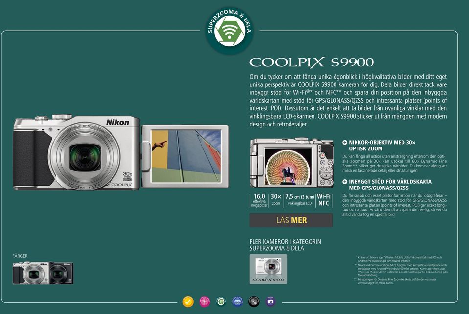 Dessutom är det enkelt att ta bilder från ovanliga vinklar med den vinklingsbara -skärmen. COOLPIX S9900 sticker ut från mängden med modern design och retrodetaljer.