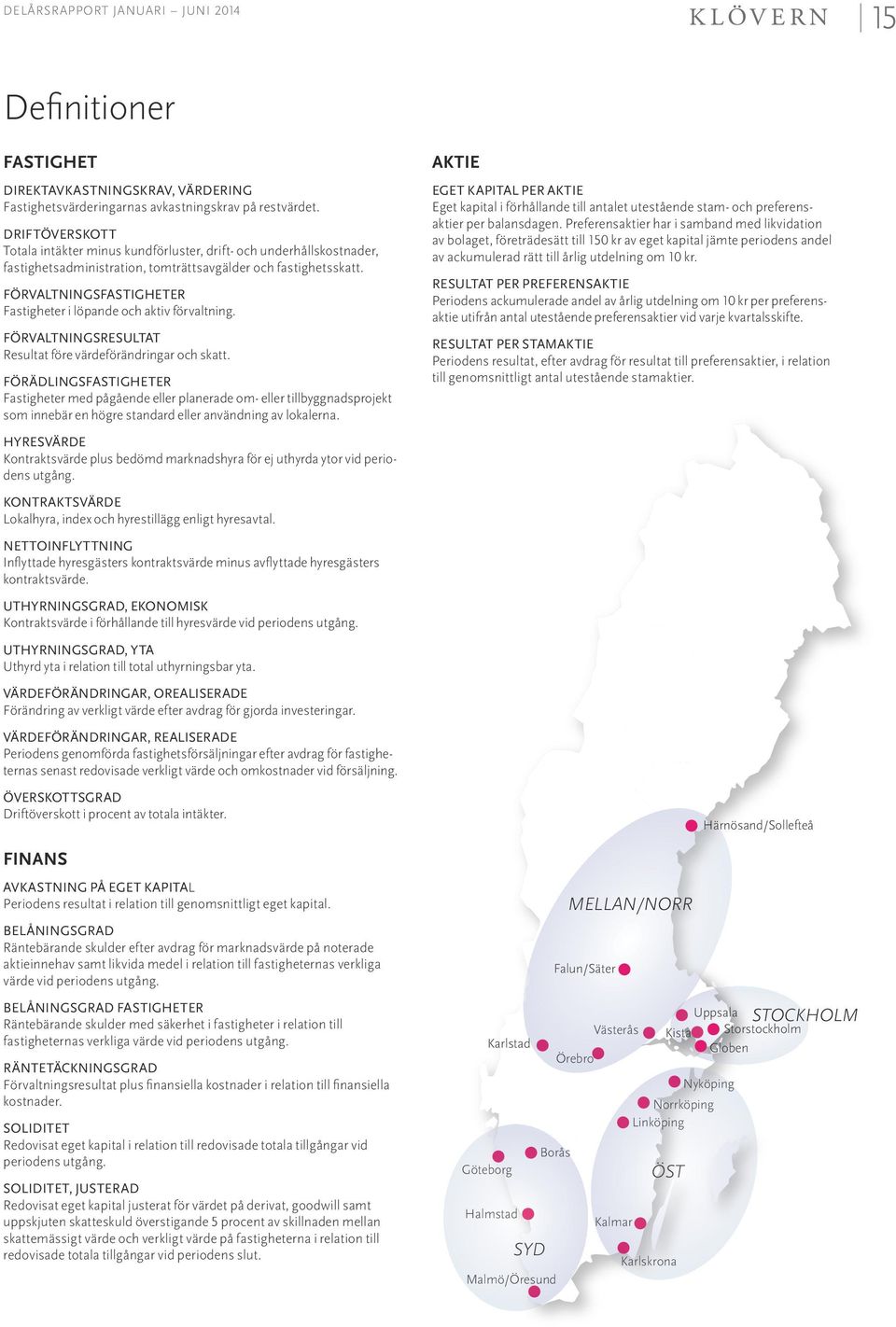 FÖRVALTNINGSFASTIGHETER Fastigheter i löpande och aktiv förvaltning. FÖRVALTNINGSRESULTAT Resultat före värdeförändringar och skatt.