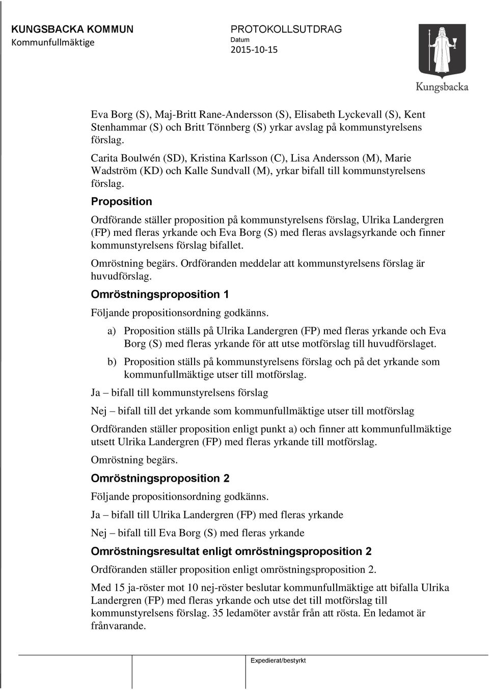 Proposition Ordförande ställer proposition på kommunstyrelsens förslag, Ulrika Landergren (FP) med fleras yrkande och Eva Borg (S) med fleras avslagsyrkande och finner kommunstyrelsens förslag