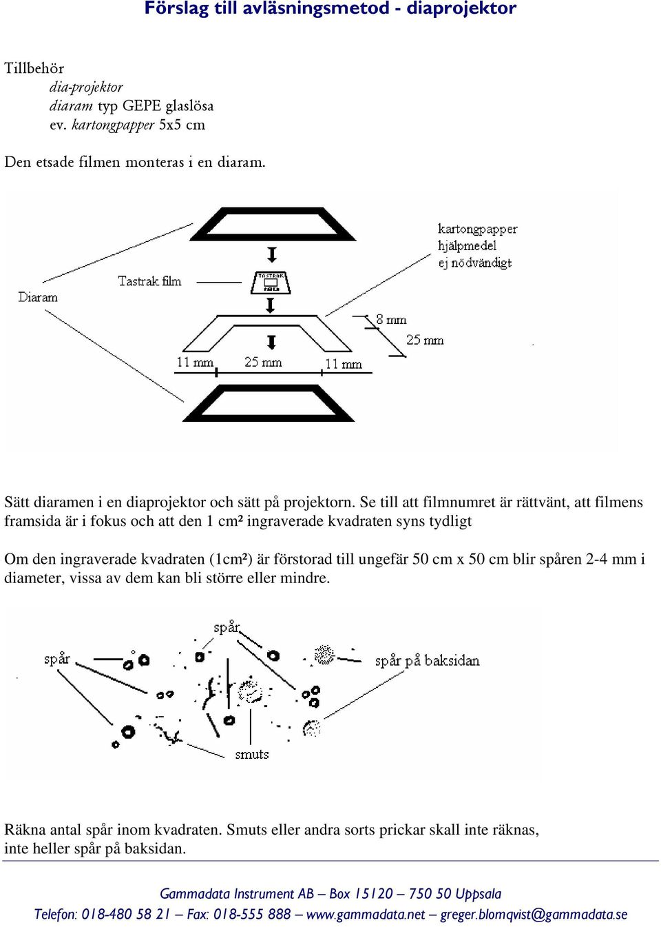 Se till att filmnumret är rättvänt, att filmens framsida är i fokus och att den 1 cm² ingraverade kvadraten syns tydligt Om den ingraverade kvadraten