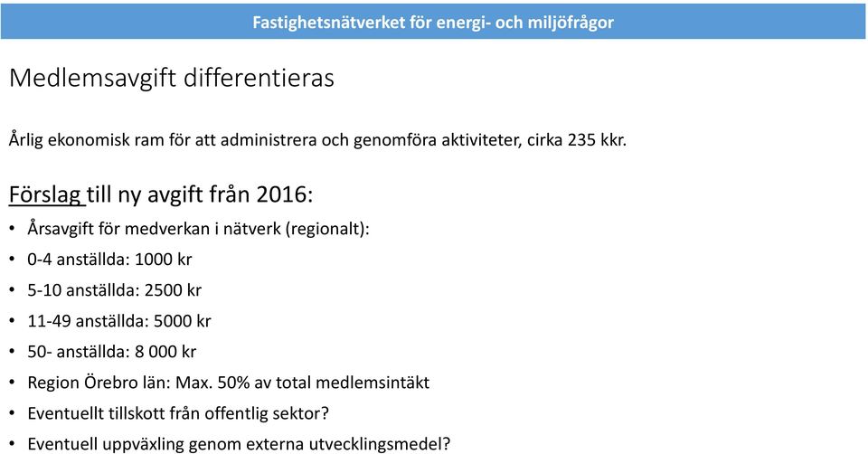 Förslag till ny avgift från 2016: Årsavgift för medverkan i nätverk (regionalt): 0-4 anställda: 1000 kr 5-10 anställda: