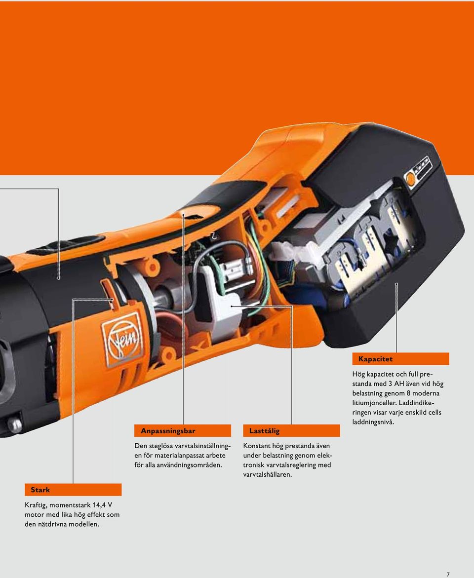 Kapacitet Hög kapacitet och full prestanda med 3 AH även vid hög belastning genom 8 moderna litiumjonceller.