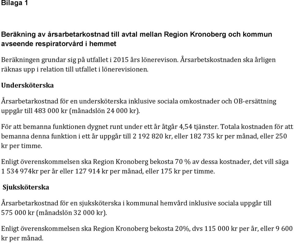 Undersköterska Årsarbetarkostnad för en undersköterska inklusive sociala omkostnader och OB-ersättning uppgår till 483 000 kr (månadslön 24 000 kr).