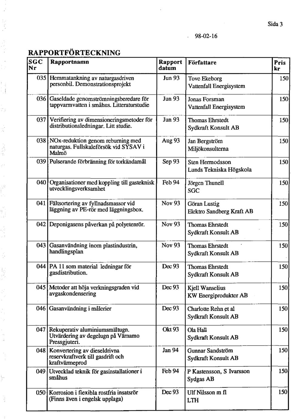 Litteraturstudie Vattenfall Energisystem 037 Verifiering av dimensioneringsmetoder för Jun 93 Thomas Ehrstedt 150 distributionsledningar. Litt studie.