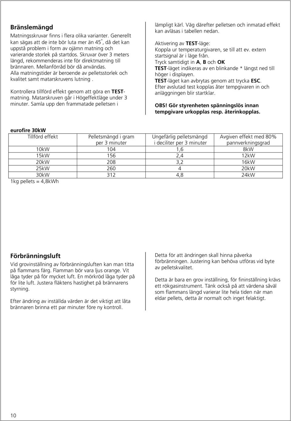 Alla matningstider är beroende av pelletsstorlek och kvalitet samt matarskruvens lutning. Kontrollera tillförd effekt genom att göra en TESTmatning. Matarskruven går i Högeffektläge under 3 minuter.