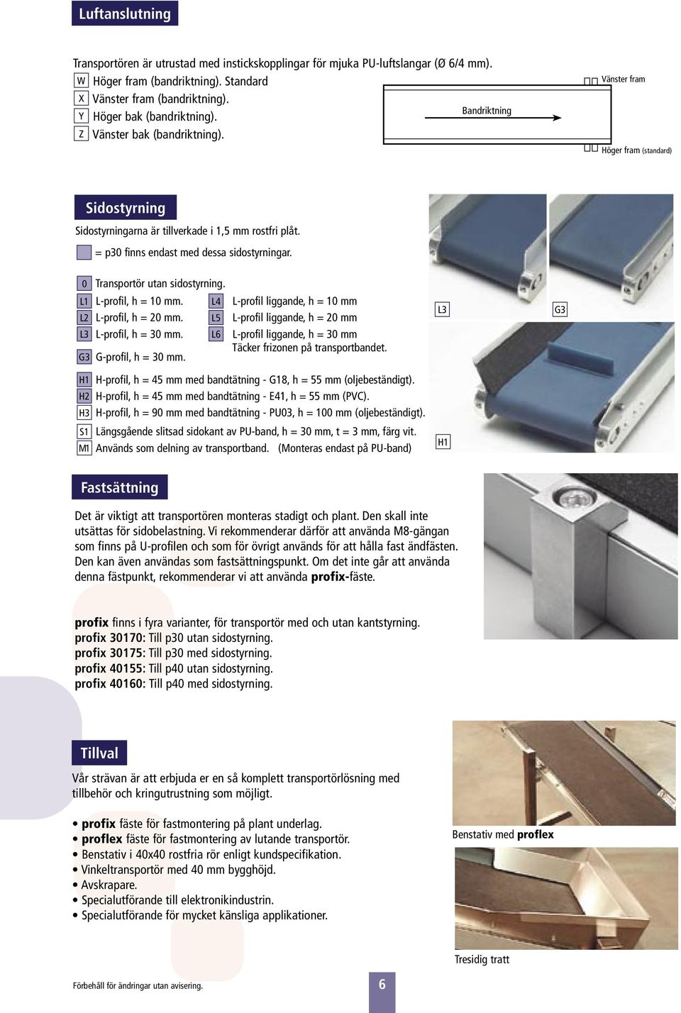 0 L1 L2 L3 G3 Transportör utan sidostyrning. L-profil, h = 10 mm. L-profil, h = 20 mm. L-profil, h = 30 mm. G-profil, h = 30 mm.