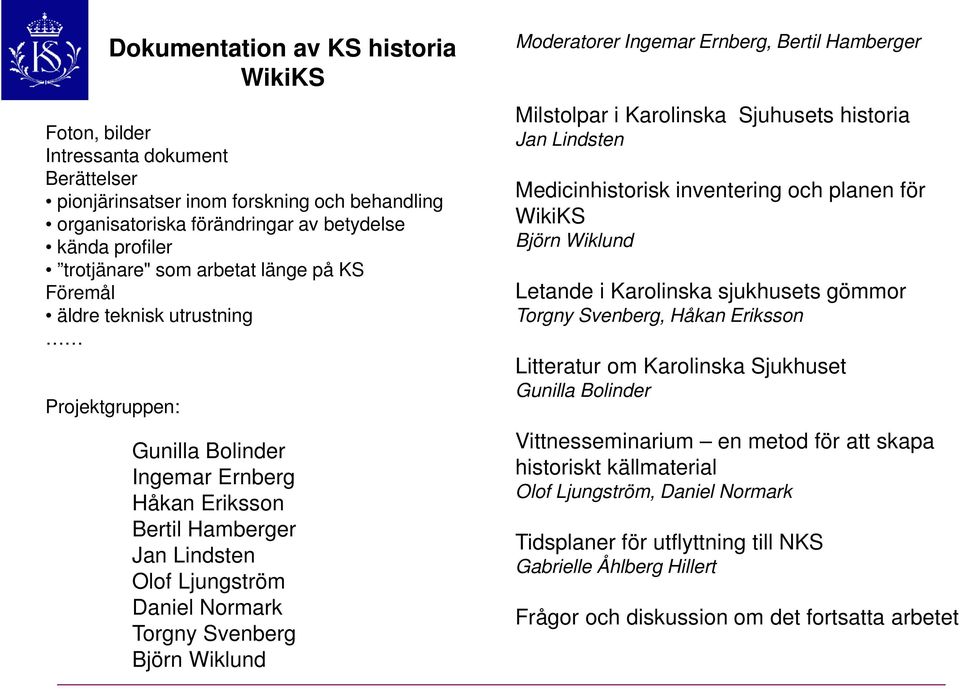 Björn Wiklund Moderatorer Ingemar Ernberg, Bertil Hamberger Milstolpar i Karolinska Sjuhusets historia Jan Lindsten Medicinhistorisk inventering och planen för WikiKS Björn Wiklund Letande i