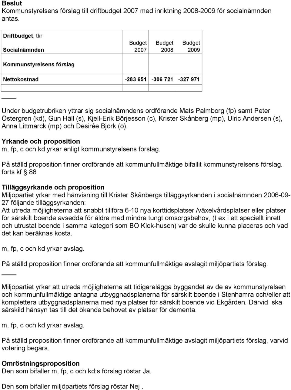 Palmborg (fp) samt Peter Östergren (kd), Gun Häll (s), Kjell-Erik Börjesson (c), Krister Skånberg (mp), Ulric Andersen (s), Anna Littmarck (mp) och Desirée Björk (ö).