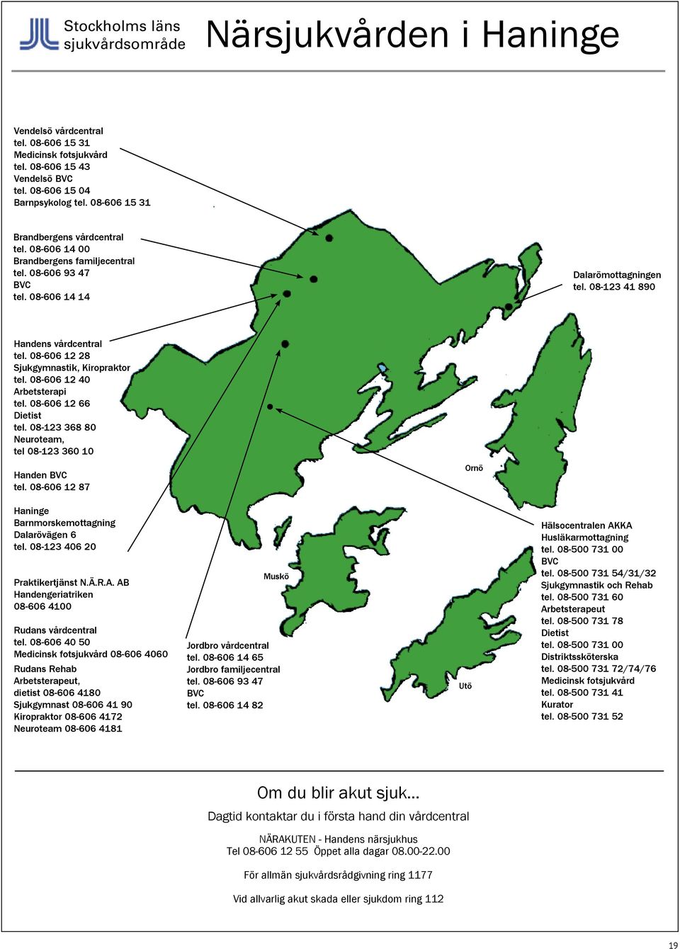 08-606 12 28 Sjukgymnastik, Kiropraktor tel. 08-606 12 40 Arbetsterapi tel. 08-606 12 66 Dietist tel. 08-123 368 80 Neuroteam, tel 08-123 360 10 Handen BVC tel.