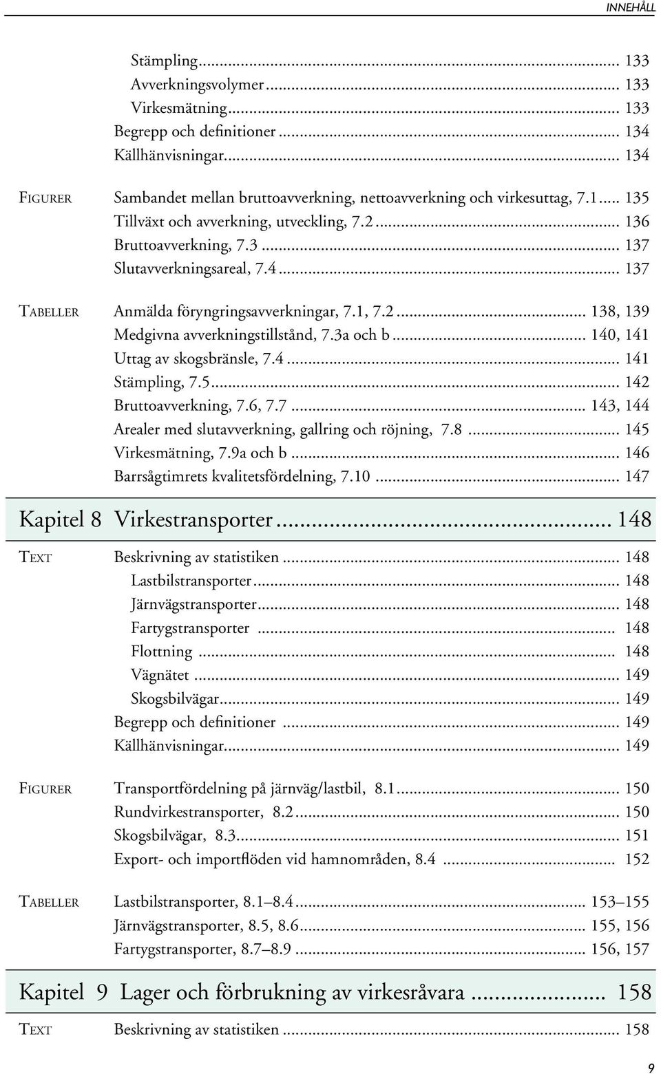 1, 7.2... 138, 139 Medgivna avverkningstillstånd, 7.3a och b... 140, 141 Uttag av skogsbränsle, 7.4... 141 Stämpling, 7.5... 142 Bruttoavverkning, 7.6, 7.7... 143, 144 Arealer med slutavverkning, gallring och röjning, 7.