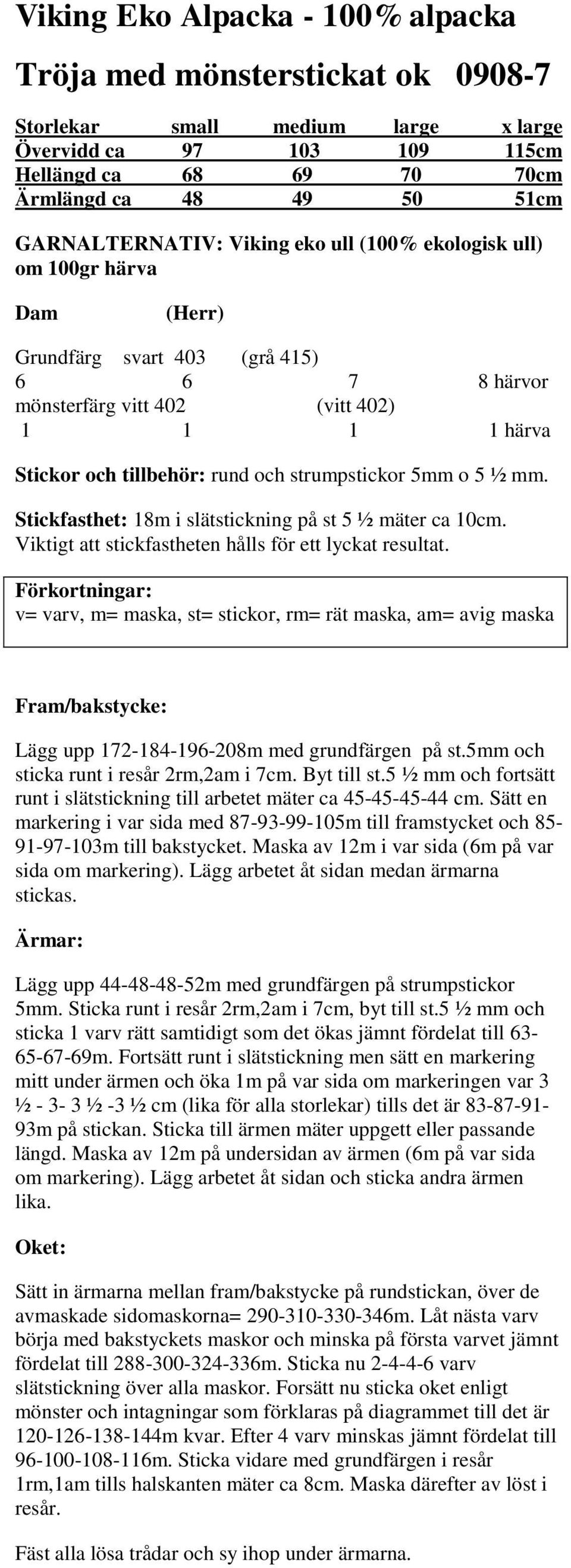 Stickfasthet: 18m i slätstickning på st 5 ½ mäter ca 10cm. Viktigt att stickfastheten hålls för ett lyckat resultat. Fram/bakstycke: Lägg upp 172-184-196-208m med grundfärgen på st.