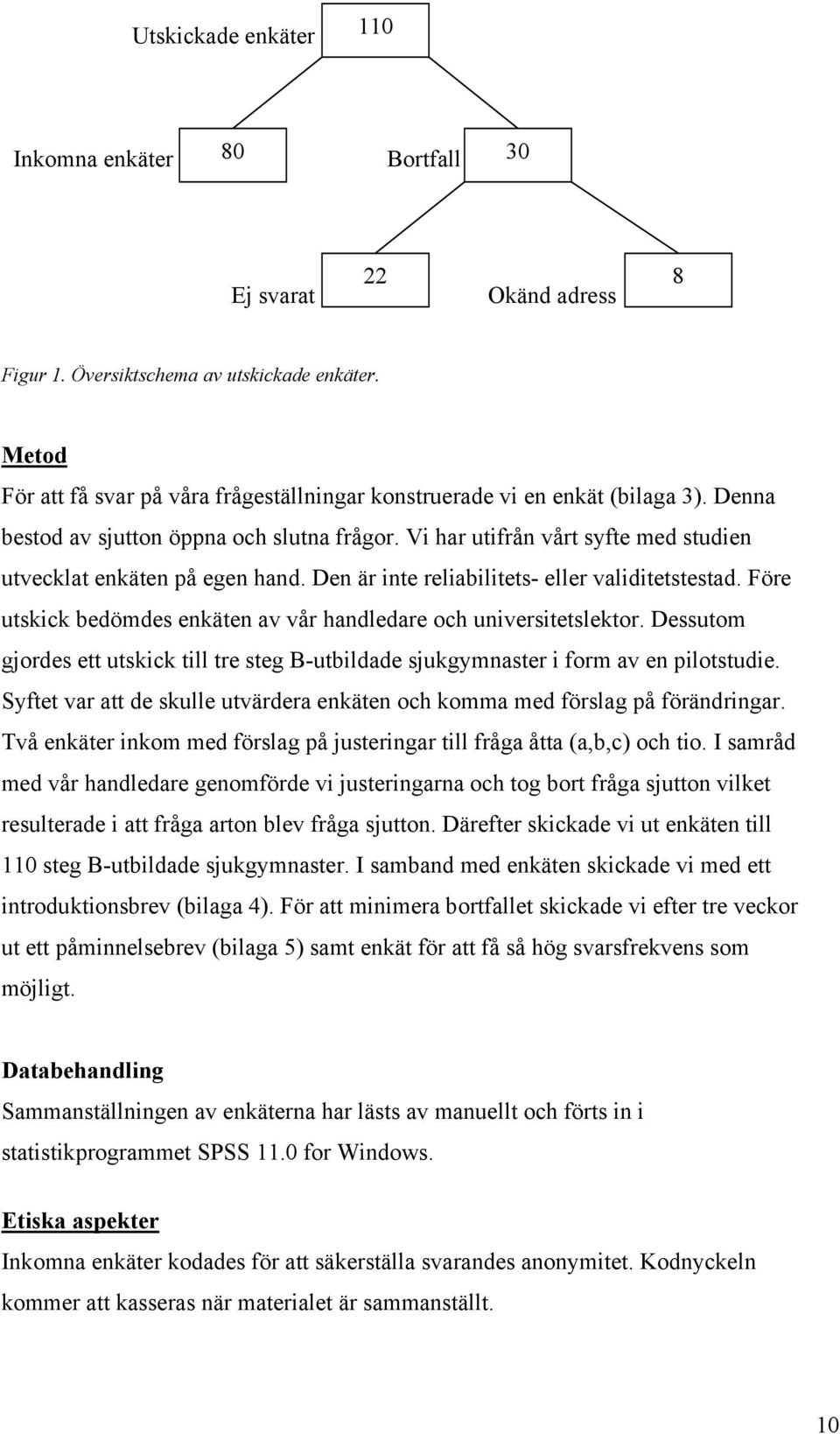 Vi har utifrån vårt syfte med studien utvecklat enkäten på egen hand. Den är inte reliabilitets- eller validitetstestad. Före utskick bedömdes enkäten av vår handledare och universitetslektor.