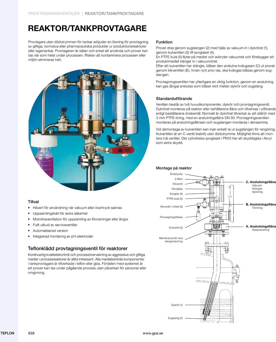 Funktion Provet dras genom sugslangen (2) med hjälp av vakuum in i dykröret (1), genom kulventilen (3) till synglaset (4).