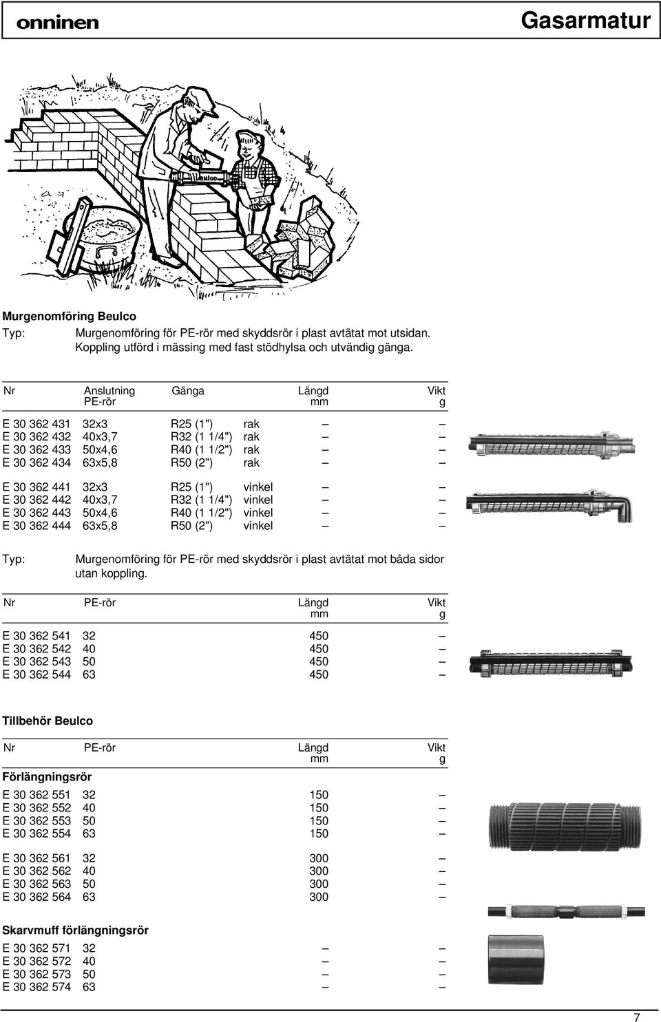 E 30 362 442 40x3,7 R32 (1 1/4") vinkel E 30 362 443 50x4,6 R40 (1 1/2") vinkel E 30 362 444 63x5,8 R50 (2") vinkel Murenomförin för PE-rör med skyddsrör i plast avtätat mot båda sidor utan kopplin.