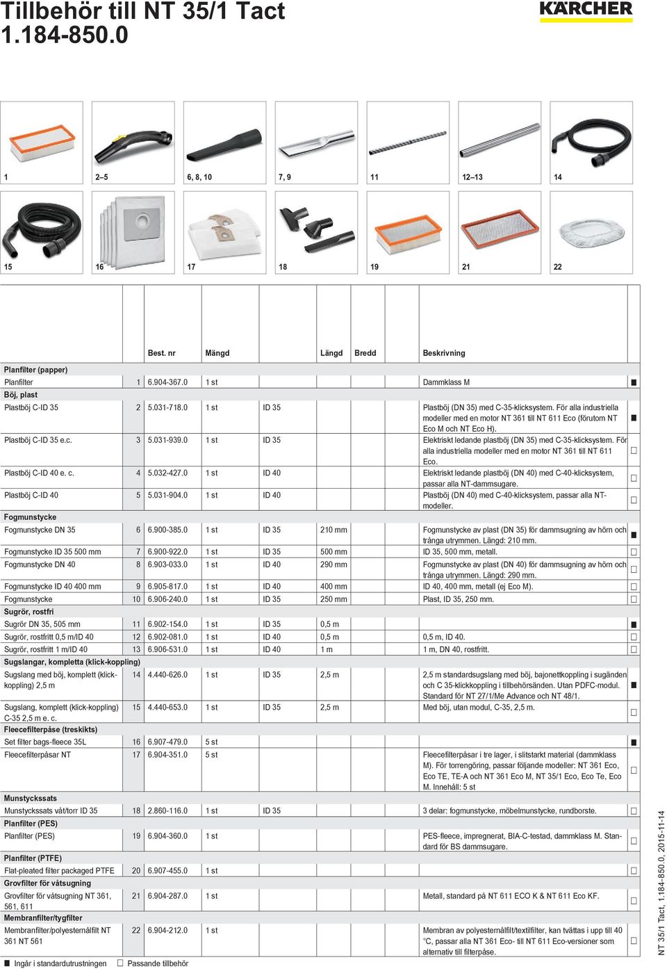0 1 st ID 35 Elektriskt ledande plastböj (DN 35) med C-35-klicksystem. För alla industriella modeller med en motor NT 361 till NT 611 Eco. Plastböj C-ID 40 e. c. 4 5.032-427.