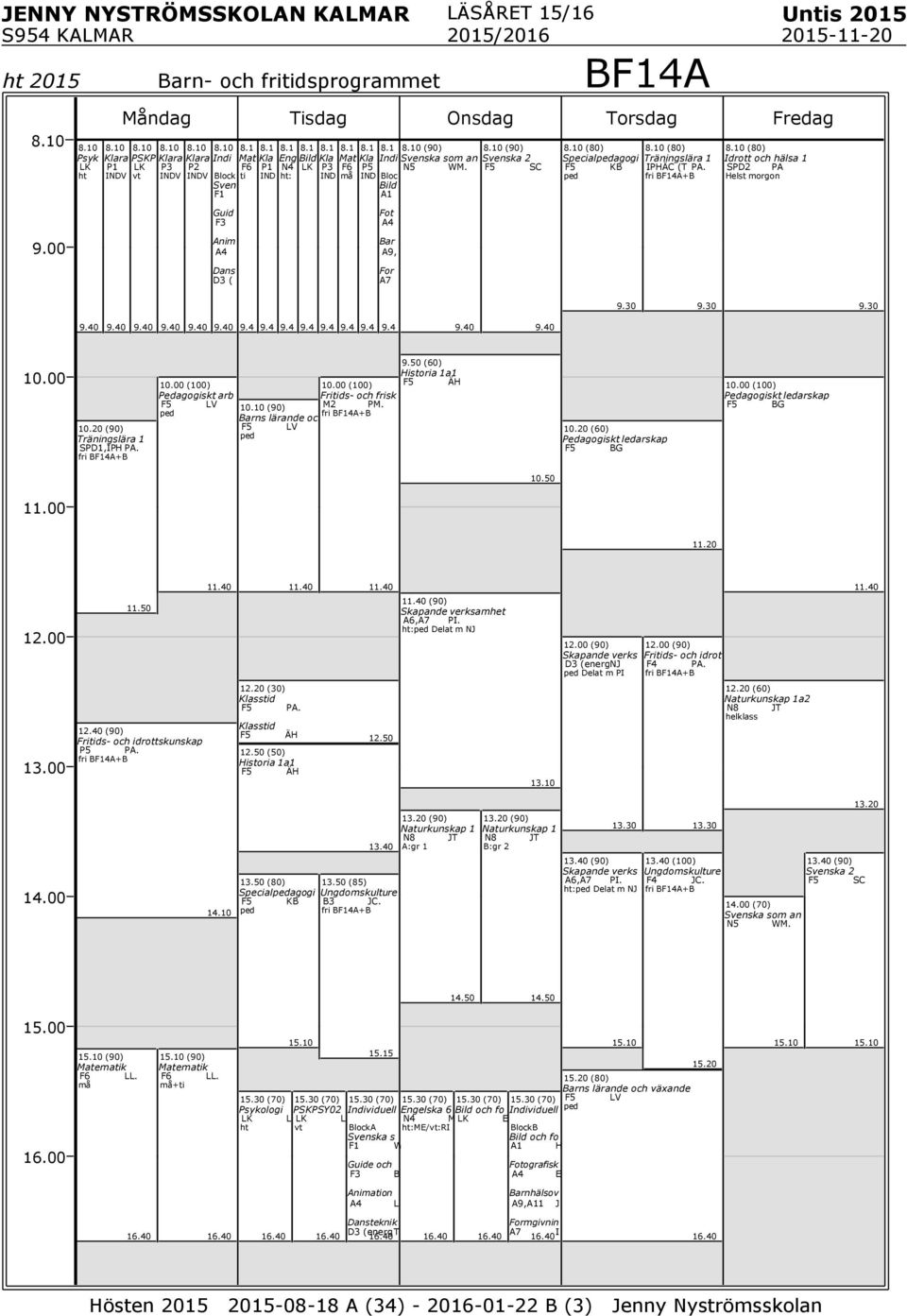 20 (90) Träningslära 1 SPD1,IP PA. fri B4A+B (100) Pedagogiskt arb V F5 ped 10.10 (90) Barns lärande oc V F5 ped (100) Fritids- och frisk M2 PM. fri B4A+B 9.50 (60) istoria 1a1 F5 Ä 10.