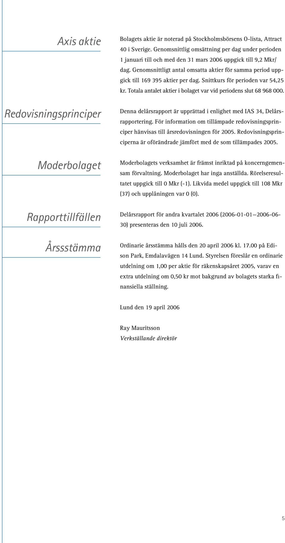 Redovisningsprinciper Denna delårsrapport är upprättad i enlighet med IAS 34, Delårsrapportering. För information om tillämpade redovisningsprinciper hänvisas till årsredovisningen för.