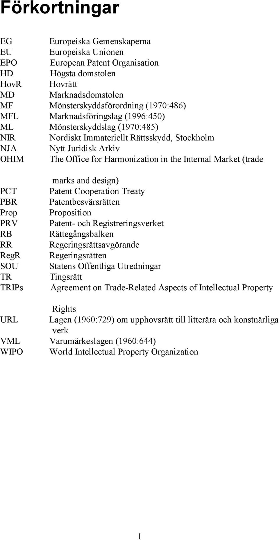 PCT PBR Prop PRV RB RR RegR SOU TR TRIPs marks and design) Patent Cooperation Treaty Patentbesvärsrätten Proposition Patent- och Registreringsverket Rättegångsbalken Regeringsrättsavgörande