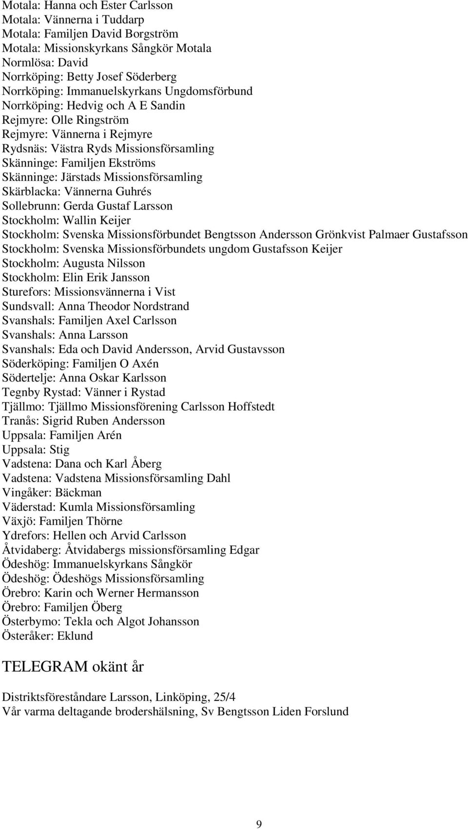 Järstads Missionsförsamling Skärblacka: Vännerna Guhrés Sollebrunn: Gerda Gustaf Larsson Stockholm: Wallin Keijer Stockholm: Svenska Missionsförbundet Bengtsson Andersson Grönkvist Palmaer Gustafsson