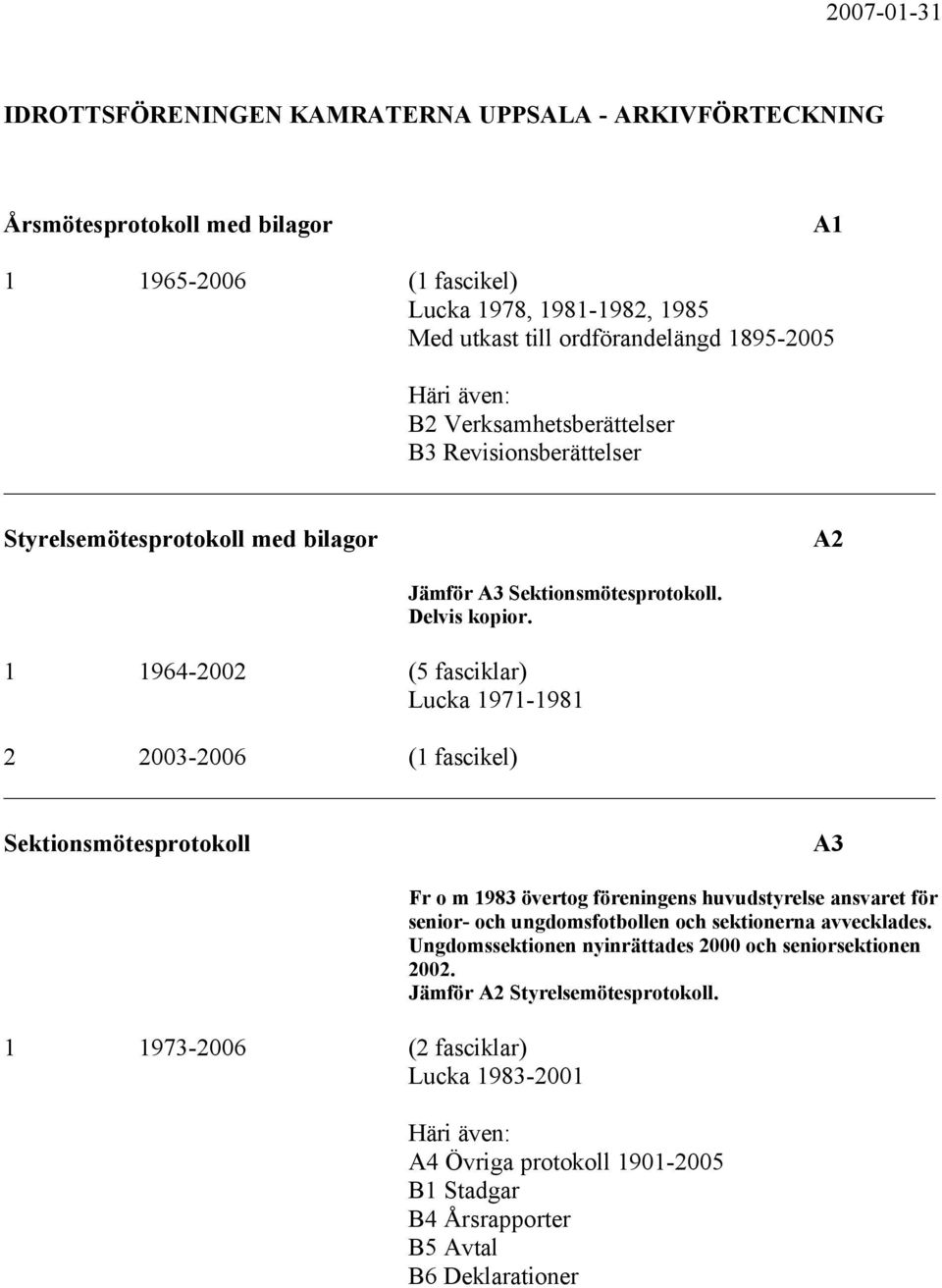 1 1964-2002 (5 fasciklar) Lucka 1971-1981 2 2003-2006 (1 fascikel) Sektionsmötesprotokoll A3 1 1973-2006 (2 fasciklar) Lucka 1983-2001 Fr o m 1983 övertog föreningens huvudstyrelse