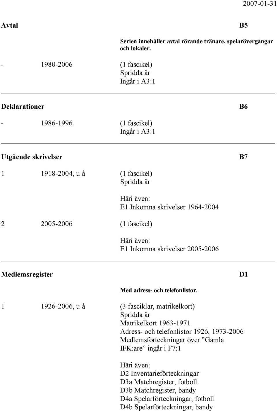 skrivelser 1964-2004 E1 Inkomna skrivelser 2005-2006 Medlemsregister D1 Med adress- och telefonlistor.