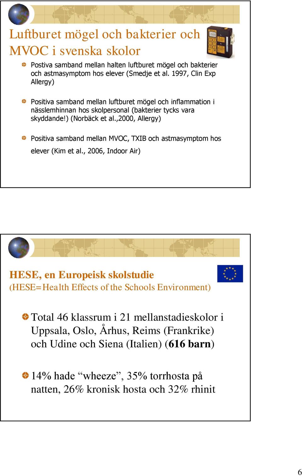 ,2000, Allergy) Positiva samband mellan MVOC, TXIB och astmasymptom hos elever (Kim et al.