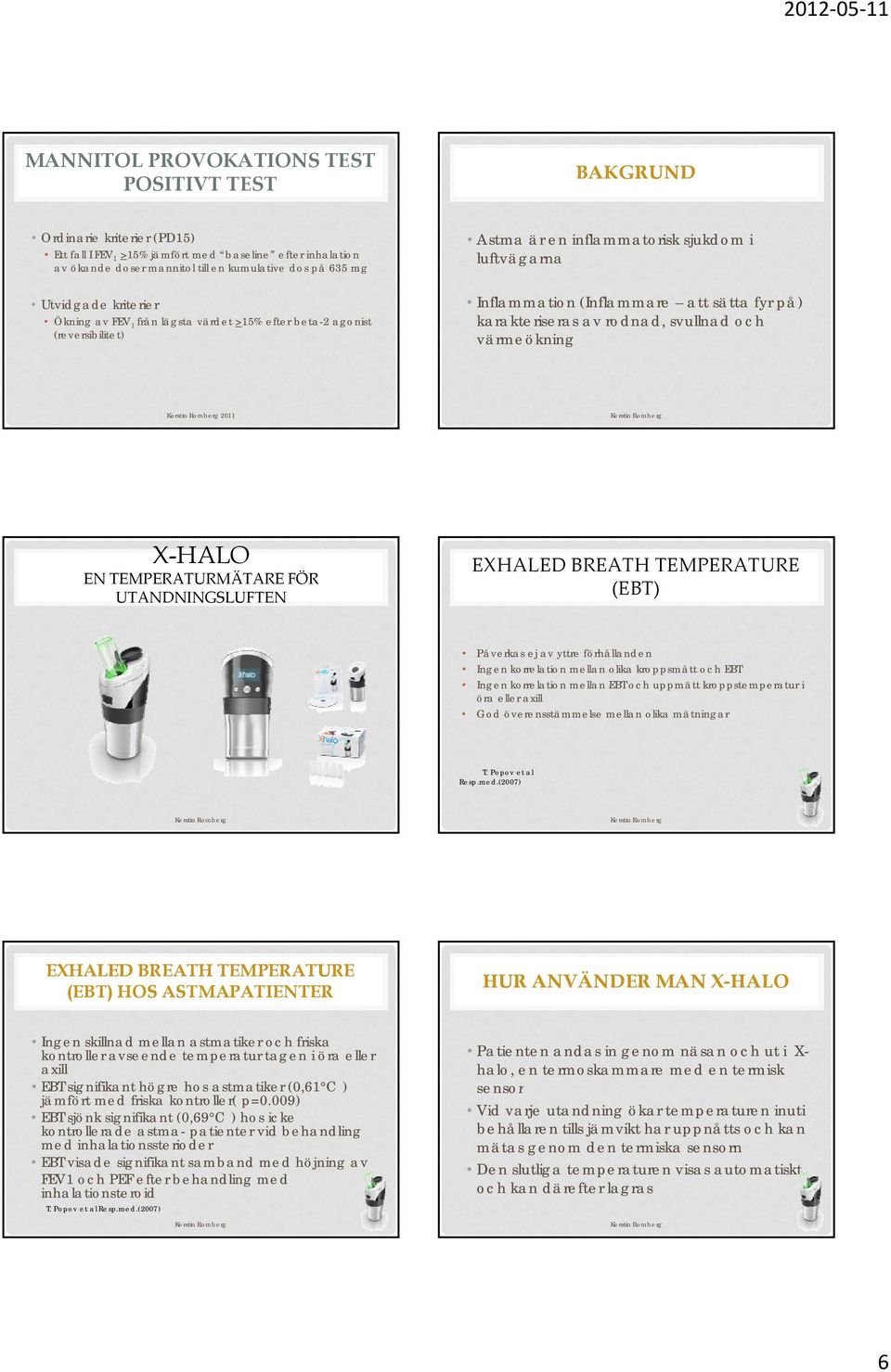 karakteriseras av rodnad, svullnad och värmeökning 2011 X-HALO EN TEMPERATURMÄTARE FÖR UTANDNINGSLUFTEN EXHALED BREATH TEMPERATURE (EBT) Påverkas ej av yttre förhållanden Ingen korrelation mellan