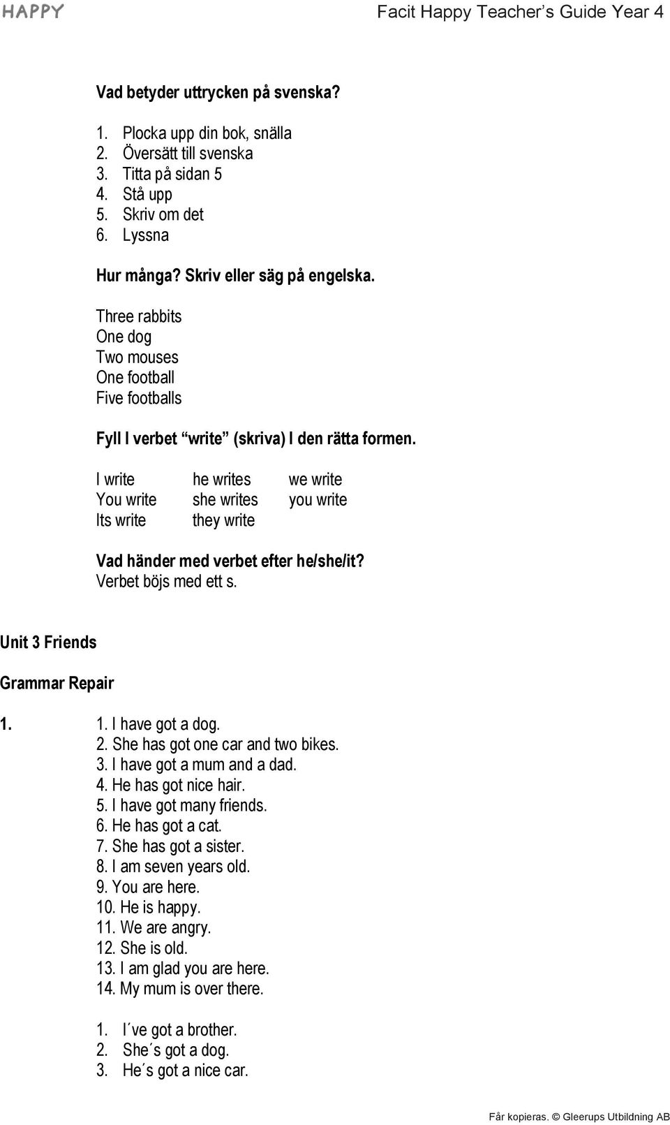 I write he writes we write You write she writes you write Its write they write Vad händer med verbet efter he/she/it? Verbet böjs med ett s. Unit 3 Friends Grammar Repair 1. 1. I have got a dog. 2.