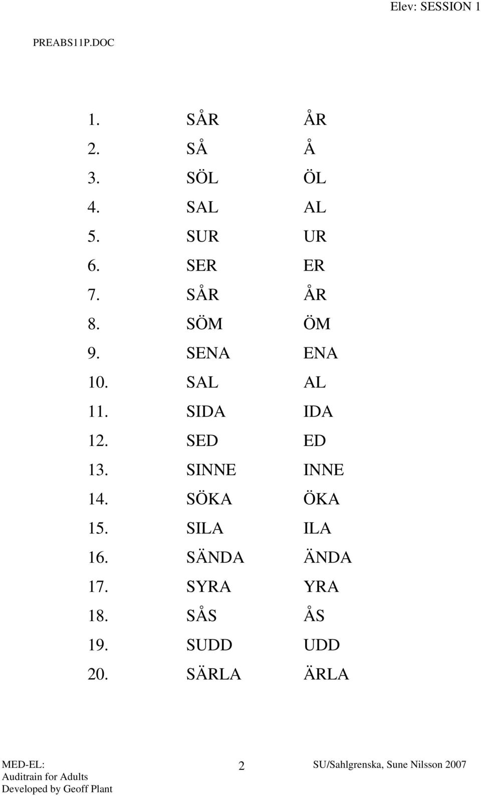 SIDA IDA 12. SED ED 13. SINNE INNE 14. SÖKA ÖKA 15. SILA ILA 16.