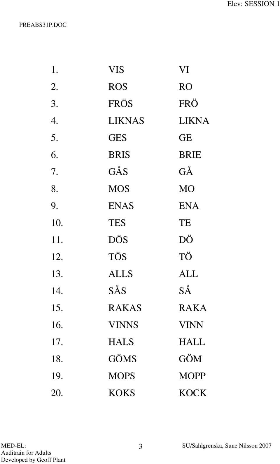 DÖS DÖ 12. TÖS TÖ 13. ALLS ALL 14. SÅS SÅ 15. RAKAS RAKA 16.