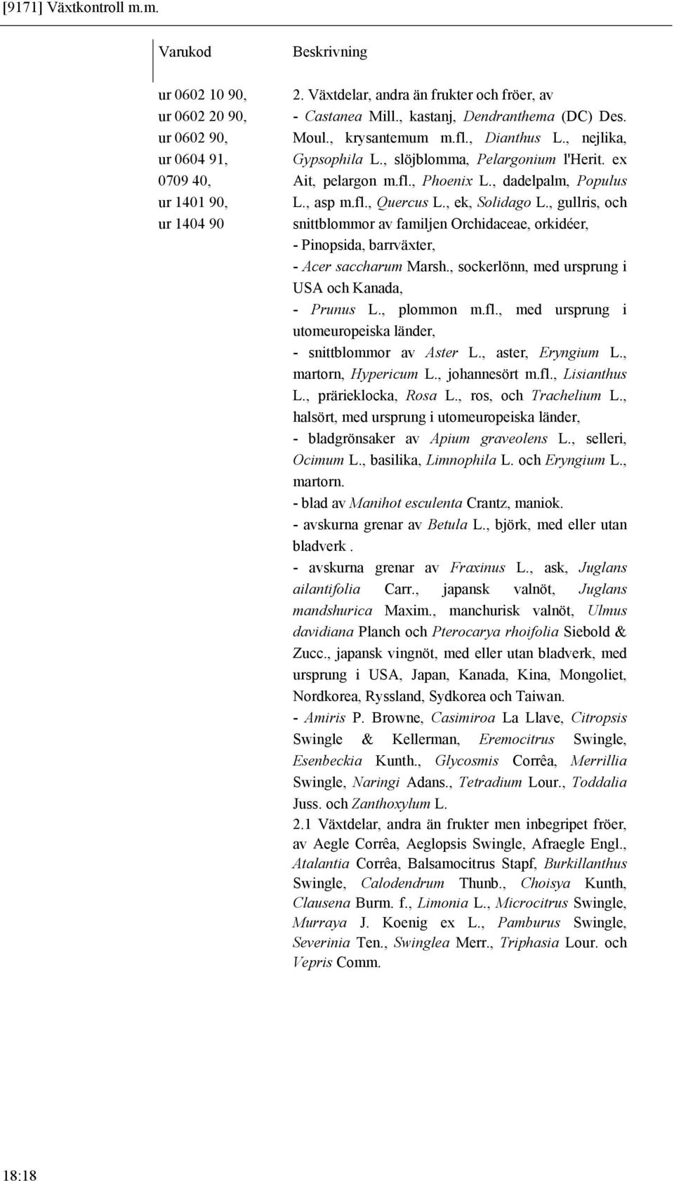 , ek, Solidago L., gullris, och snittblommor av familjen Orchidaceae, orkidéer, - Pinopsida, barrväxter, - Acer saccharum Marsh., sockerlönn, med ursprung i USA och Kanada, - Prunus L., plommon m.fl.