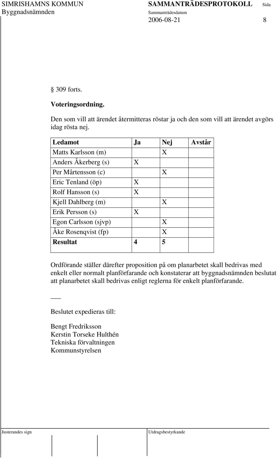 Carlsson (sjvp) X Åke Rosenqvist (fp) X Resultat 4 5 Ordförande ställer därefter proposition på om planarbetet skall bedrivas med enkelt eller normalt planförfarande och