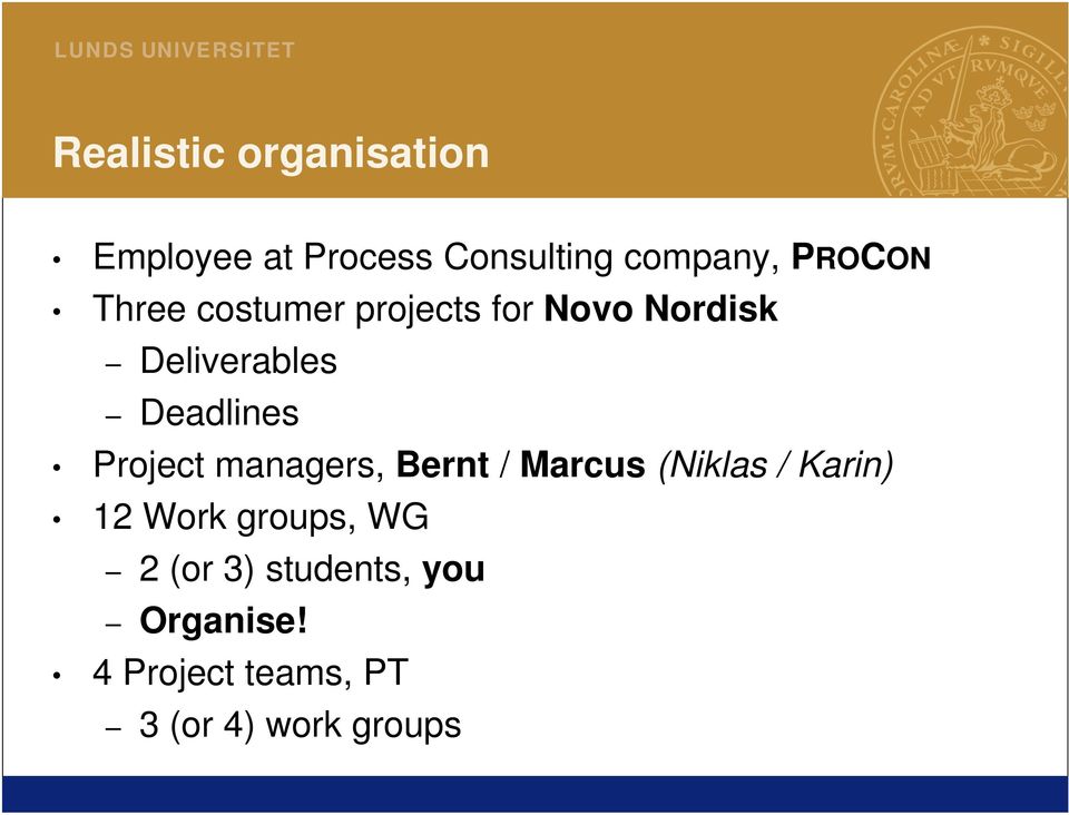 Project managers, Bernt / Marcus (Niklas / Karin) 12 Work groups, WG