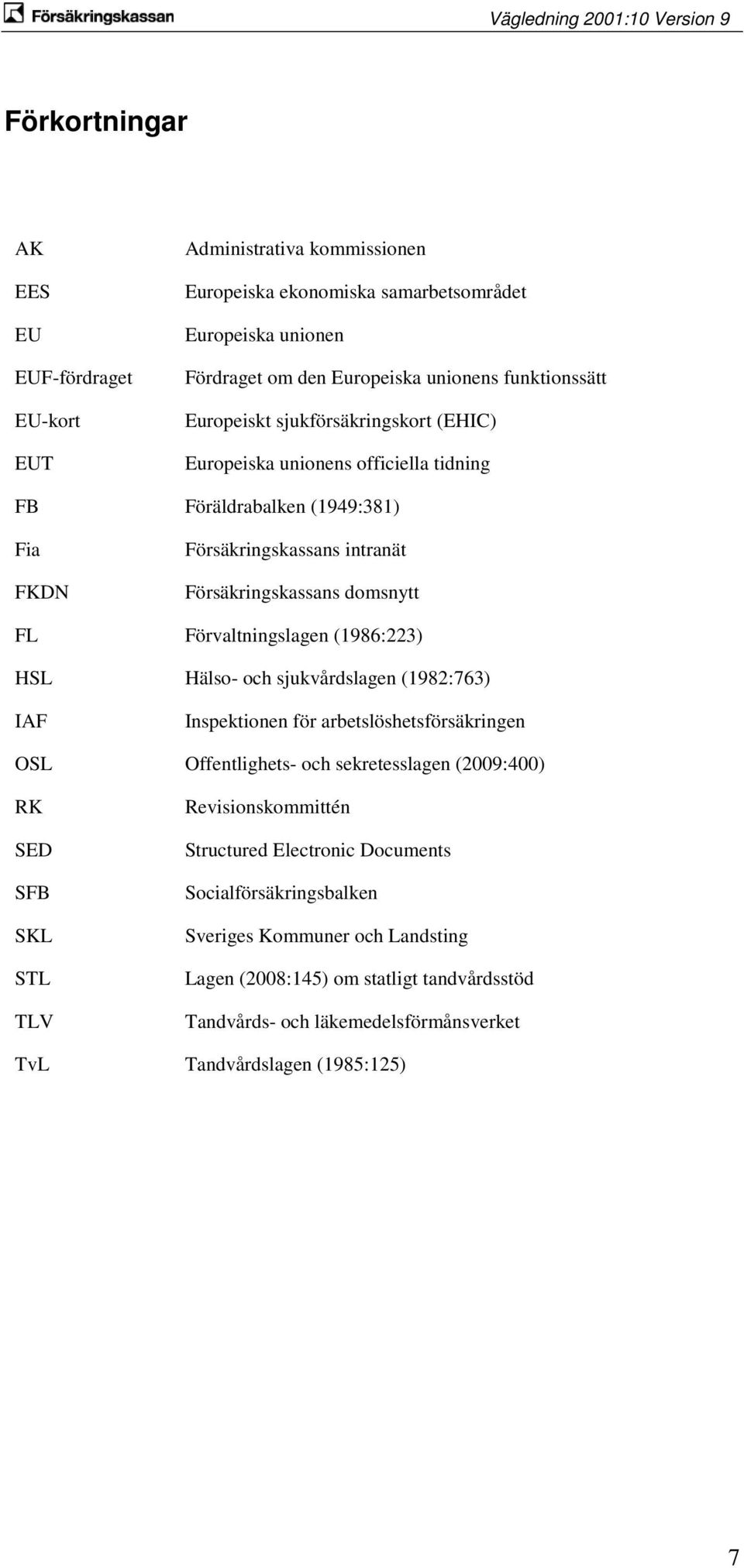 (1986:223) HSL Hälso- och sjukvårdslagen (1982:763) IAF Inspektionen för arbetslöshetsförsäkringen OSL Offentlighets- och sekretesslagen (2009:400) RK SED SFB SKL STL TLV Revisionskommittén