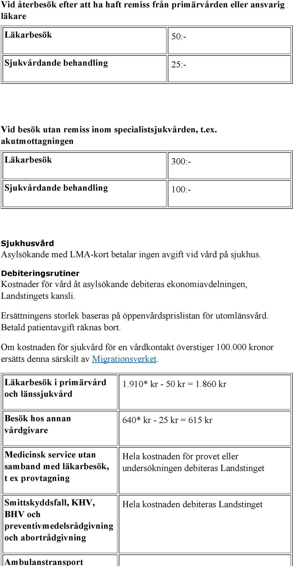 Debiteringsrutiner Kostnader för vård åt asylsökande debiteras ekonomiavdelningen, Landstingets kansli. Ersättningens storlek baseras på öppenvårdsprislistan för utomlänsvård.