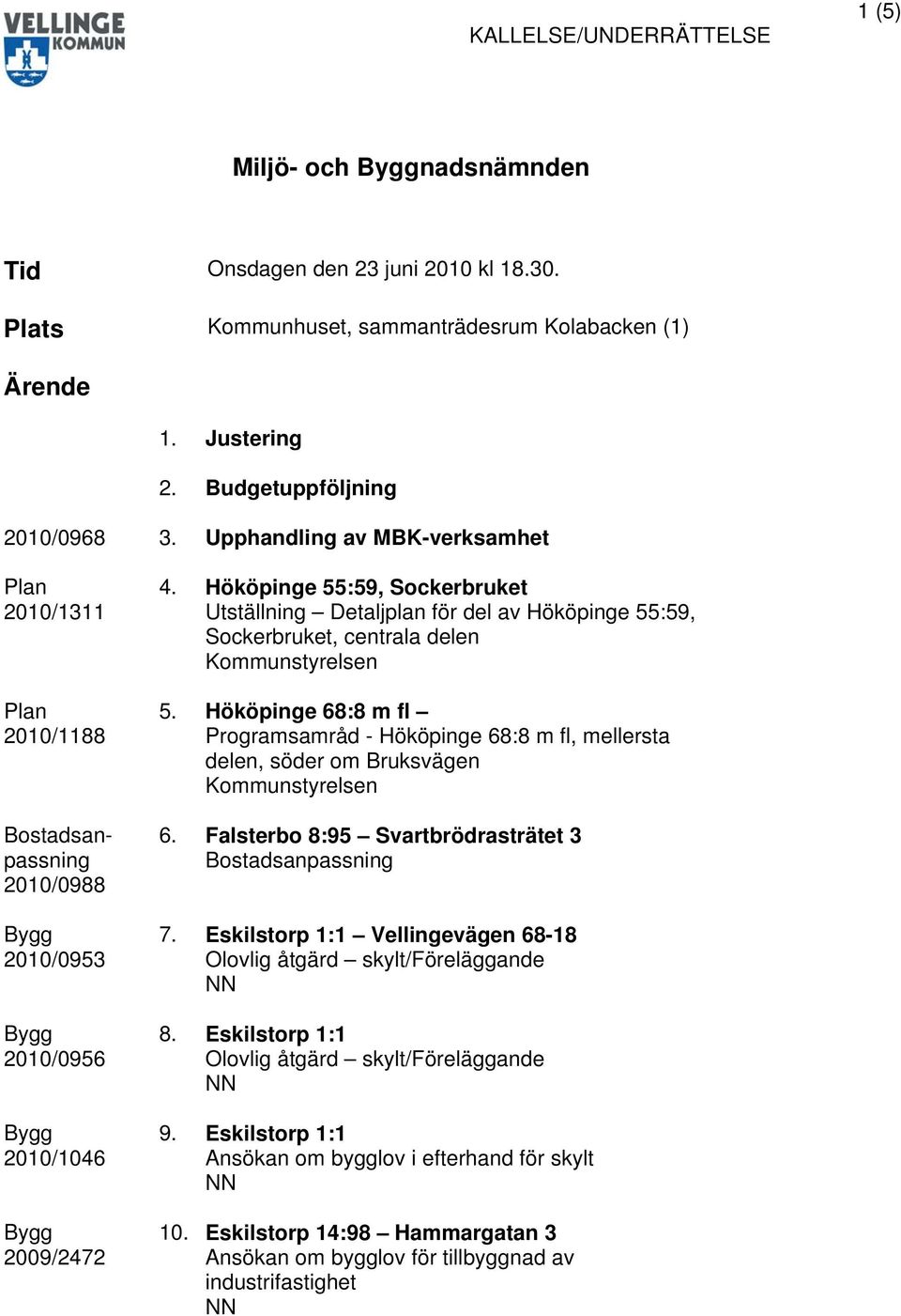 Hököpinge 55:59, Sockerbruket Utställning Detaljplan för del av Hököpinge 55:59, Sockerbruket, centrala delen Kommunstyrelsen 5.