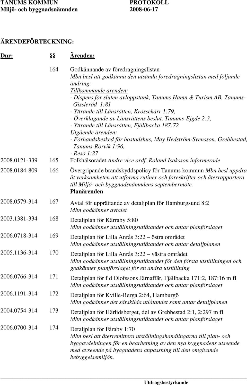 ärenden: - Förhandsbesked för bostadshus, May Hedström-Svensson, Grebbestad, Tanums-Rörvik 1:96, - Resö 1:27 2008.0121-339 165 Folkhälsorådet Andre vice ordf. Roland Isaksson informerade 2008.