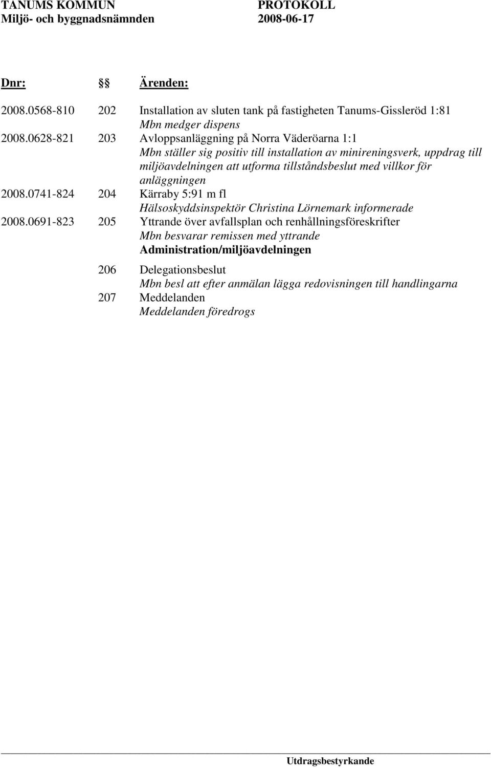 tillståndsbeslut med villkor för anläggningen 2008.0741-824 204 Kärraby 5:91 m fl Hälsoskyddsinspektör Christina Lörnemark informerade 2008.