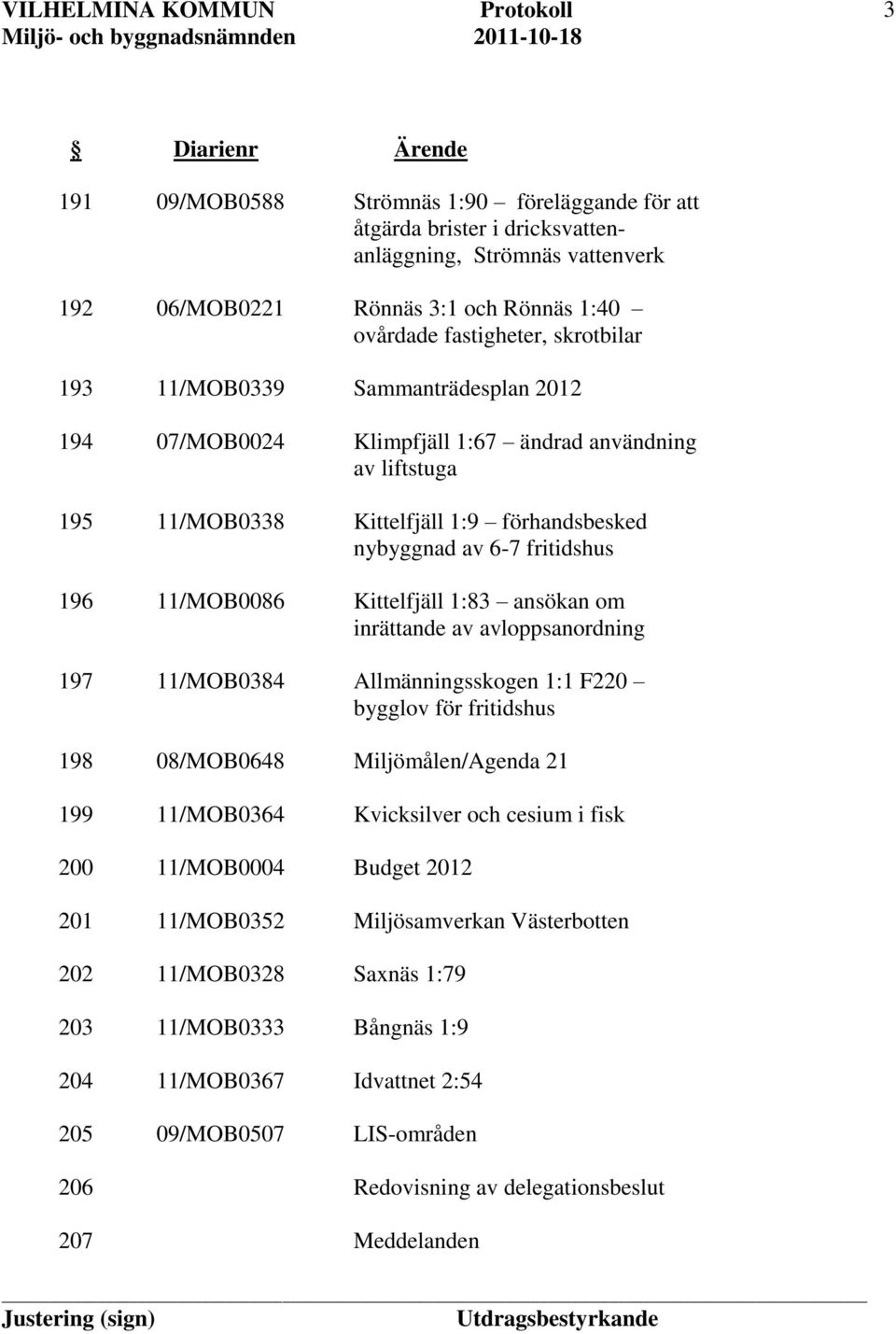 skrotbilar Sammanträdesplan 2012 Klimpfjäll 1:67 ändrad användning av liftstuga Kittelfjäll 1:9 förhandsbesked nybyggnad av 6-7 fritidshus Kittelfjäll 1:83 ansökan om inrättande av avloppsanordning